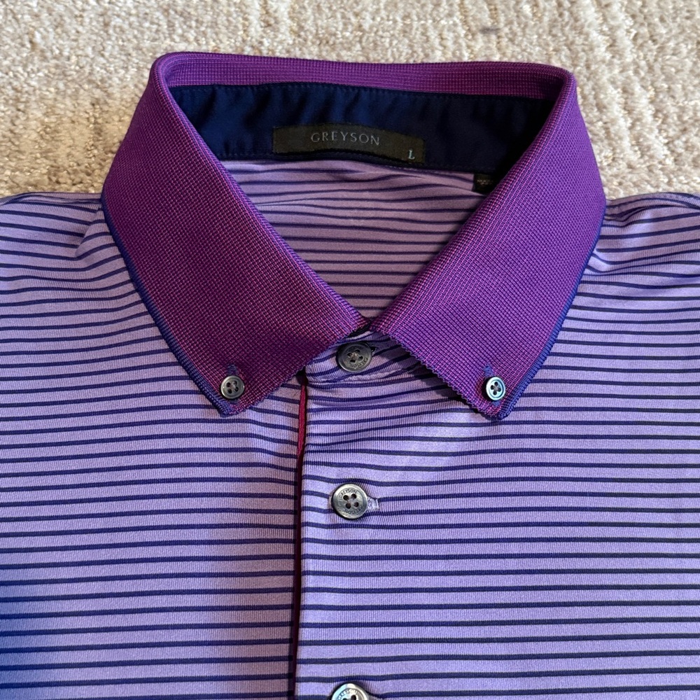 Greyson purple striped polo size large - Picture 2 of 5